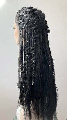 Viking Braided Hairstyles For Women, Female Knight Hairstyle, Fantasy Hair Braids, Men Long Hair Braids Hairstyles, Long Length Braids, Medieval Fantasy Hairstyles, Partially Braided Hairstyles, Half Down Half Braided Hair, Dark Fairy Hairstyles