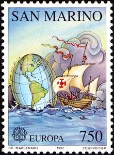 a postage stamp with an image of a ship in the ocean and a globe on it