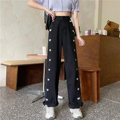 High Waist Heart Embroidered Long Jeans Pants – Tomscloth Casual Black Embroidered Bottoms, Casual Black Embroidered Pants, Trendy Embroidered Cotton Pants, Black Embroidered Cotton Bottoms, Black Embroidered Cotton Pants, Baggy Embroidered Cotton Bottoms, Black Wide Leg Embroidered Bottoms, Black Embroidered Wide Leg Bottoms, Black Embroidered Straight Leg Pants