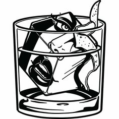 a glass filled with ice and fruit on top of a white background, in black and white