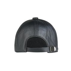 a black leather hat with a metal buckle on the front and side, sitting against a white background