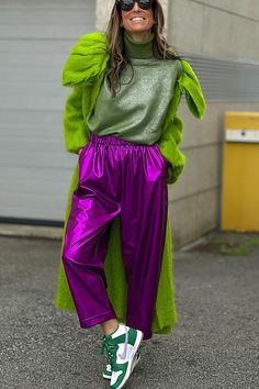 Trendy Purple Pants For Winter, Leather Pants For Fall Party, Casual Green Bottoms For Winter Party, Solid Leather Pants For Winter Parties, Chic Metallic Leather Pants For Fall, Fall Party Pants In Solid Color, Casual Purple Pants For Party, Casual Purple Party Pants, Stretch Leather Pants For Winter Party