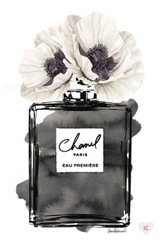 a black and white drawing of an eau perfume bottle with flowers on it's top