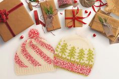 christmas presents and gifts laid out on a white surface