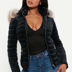 Fashion Nova “Always Ready Velvet Puffer Jacket) Velvet Puffer Jacket, Fur Puffer Jacket, Fashion Nova Jackets, Fur Hood, Rabbit Fur, Faux Fur Jacket, Fur Jacket, Black Tan, Black And Tan