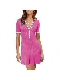 PiePieBuy Womens V Neck Short Sleeve Slim Fit Bodycon Sweater Dress Button Up Ribbed Knit Mini Summer Dresses Pink Casual  Short Sleeve  Colorblock,Plain    Women Clothing, size features are:Bust: ,Length: ,Sleeve Length: Spring Knee-length Sweater Dress With Buttons, Casual Fitted Sweater Dress With Buttons, Fitted Sweater Dress With Button Closure For Spring, Fitted V-neck Sweater Dress With Buttons, Pink V-neck Mini Dress With Buttons, Mini Summer Dresses, Bodycon Sweater, Bodycon Sweater Dress, Pink Summer Dress