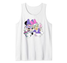 a white tank top with minnie and mickey mouse characters on it's chest,