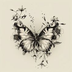 a drawing of a butterfly with flowers around it