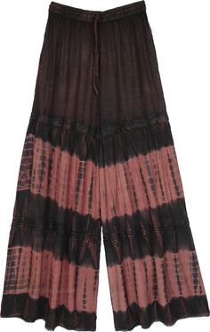 Casual and chic, these rayon pants are a go-to for any season. The brown pant has a stonewashed effect with tie-dye peach color over it and added accents of lace inserts. #tlb #SplitSkirtsPants #Stonewash #Yoga #vacationclothing #beachwrap #TieDye #bohemianfashion #TieDyePants #StonewashedPants #SummerPants #BohemianPants Acid Wash Wide Leg Summer Bottoms, Bohemian Washed Bottoms For Spring, Summer Wide-leg Washed Pants, Bohemian Washed Bottoms For Summer, Summer Bohemian Washed Bottoms, Hippie Style Brown Summer Pants, Brown Hippie Summer Pants, Hippie Brown Summer Pants, Bohemian Tie-dye Bottoms For Spring