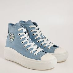 Converse Chuck Taylor All Star Move Hi High Top Floral Embroidery Peace Love Earth Cocoon Blue / Egret / Pale Magma Women's Lift Platform Sneakers / Boots A08194c Nwt Brand: Converse Model: Chuck Taylor All Star Move Hi Style Code: A08194c Color: Cocoon Blue / Egret / Pale Magma Gender: Women's Size Guide: Us Women's 5 / Uk 3 / Eur 35 / Cm 22 Us Women's 7.5 / Uk 5.5 / Eur 38 / Cm 24.5 Peace, Love, Converse Give Yourself A Boost Of Positivity In These Platform Chucks. A Mix Of Feel-Good Text And Blue Cotton Sneakers With Laces, Blue Cotton Canvas Shoes For Spring, Blue Cotton Sneakers For Spring, Casual Embroidered Canvas Shoes For Spring, Casual Embroidered Lace-up Sneakers, Casual High-top Sneakers With Floral Embroidery, Converse Canvas Lace-up Shoes With Embroidered Logo, Converse Embroidered Logo Lace-up Canvas Shoes, Converse Floral Embroidered Lace-up Sneakers