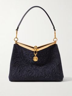 ETRO Vela medium embroidered appliquéd leather-trimmed wool shoulder bag | NET-A-PORTER Luxury Embroidered Top Handle Shoulder Bag, Designer Embroidered Top Handle Bag, Chic Embroidered Top Handle Bag, Elegant Embroidered Shoulder Bag With Double Handle, Elegant Embroidered Double Handle Shoulder Bag, Formal Embroidered Leather Shoulder Bag, Luxury Embroidered Formal Bag, Formal Embroidered Top Handle Shoulder Bag, Luxury Embroidered Clutch Shoulder Bag