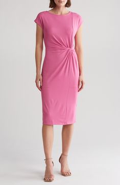 This lighweight knit midi dress with a twist at the waist is one you'll want to wear during the work week and on the weekend. Jewel neck Cap sleeves 69% modal, 27% polyester, 4% spandex Hand wash, dry flat Imported Model stats: 5'10" height, 32" bust, 25" waist, 36" hip. Model is wearing size Small. Elastane Dress With 4-way Stretch, Fitted Sleeveless Dress With Knot Detail, Elegant Sleeveless Twist Front Dress, Fitted Twist Front Dress For Spring, Spring Fitted Twist Front Dress, Spring Pink Elastane Midi Dress, Summer Pink Midi Dress In Elastane, Summer Workwear Bodycon Dress With Flattering Silhouette, Fitted Spring Dress With Knot Detail