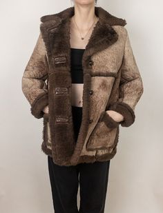 "For sale is a vintage jacket.  Excellent condition, real sheepskin and shearling sheep wool.  Very thick and very warm.  Women's size 14 Measurements laid flat with all zippers and buttons fastened: Pit-to-pit chest width: 21\" Length from top of shoulder: 31\" Sleeve length from edge of shoulder: 23.5\" Model is 5'9\", measurements: Bust: 32\" Waist: 25\" Hip: 33\"" Schott Jacket, Shearling Jacket Women, Daily Fashion Inspiration, Womens Jackets, Shearling Coat, Shearling Jacket, Vintage Jacket, Sheep Wool, Perfect Shirt