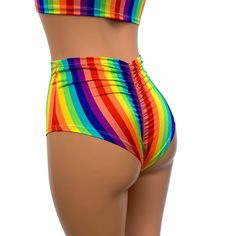 Our classic high waist hot pants with scrunch ruching detail in back to offer a "cheekier" look. These hot pants are made of stretchy rainbow stripe print spandex and sit high on your natural waist. Wear as a bikini bathing suit bottom, panties, rave shorts, running shorts, etc. They have a built in liner and are made to be flattering to your figure. Striped Fitted High Waist Swimwear, Striped Fitted High-waist Swimwear, Summer Rainbow Stretch Bottoms, Stretch Rave Shorts, Fitted Multicolor Bottoms For Pride, Multicolor Stretch Rave Bottoms, Fitted Rainbow Print Bottoms For Summer, Striped Stretch High-waisted Shorts, Striped High-waist Fitted Bottoms