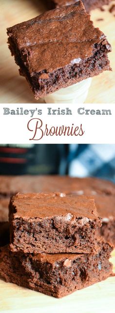 three brownies stacked on top of each other with the words bailey's irish cream