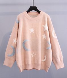 Cute star moon long sleeve sweater Fabric: blended Color: white, pink, blue Size(cm): free size length 60 bust 114 sleeve length 47 Top Streetwear Brands, Sweater Fabric, Moon Pattern, Star Sweater, Cute Stars, Clothing Details, Star Moon, Warm Sweaters, Pullover Sweater Women