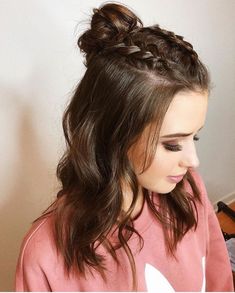 Braided Bun Hairstyles Half Up Half Down, Two Braids Into A Bun Half Up Half Down, Short Hair Hairstyles Homecoming, Braided Half Back Hairstyles, Prom Hairstyles Shoulder Length Curls, Meduim Length Hair, Braided Half Up Half Down Hair, Half Braided Hairstyles, Jess Conte