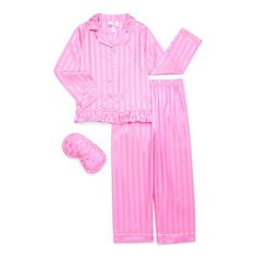 Dream in style with Bmagical's Girls 3-Piece Pajama Set. This adorable set features a long sleeve notch collar button-down top with a playful ruffle hem, paired with matching pants for ultimate comfort. Complete the look with a cozy sleep eye mask for extra sweet dreams. Perfect for sleepovers or lazy weekends, this sleep set combines chic details and cozy vibes for the ultimate bedtime essentials. Size: L (10-12).  Color: Pink.  Gender: female.  Age Group: kids. Pink Sleepover, Cozy Sleep, Sleep Eye, Cozy Vibes, Matching Pants, Sleep Set, Notch Collar, Kids Outfits Girls, Girls Pajamas