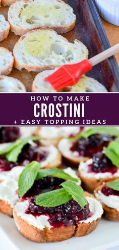 crostini with cream cheese and blueberry toppings on a baking sheet, next to an image of bread