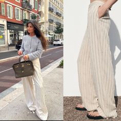 Zara Pinstripe Straight Leg Pants. Perfect For Any Occasion, These Dress Pants Feature A Flattering Fit In A Beige Color That Complements Any Outfit. The Pants Are Made For Women And Come In Xs Size, With A Regular Size Type. Cream Striped Pants Outfit, Beige Pinstripe Pants Outfit, Beige Striped Pants Outfit, Spring Striped High-waisted Wide Leg Pants, Trendy Striped Wide Leg Pants For Spring, Trendy Striped Pants For Day Out, Wide Leg Ankle-length Pants With Vertical Stripes For Spring, Spring Wide Leg Pants With Vertical Stripes, Ankle-length, Spring Straight Pants With Vertical Stripes