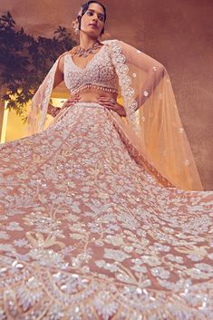 Featuring a pale blush Organza lehenga embroidered fully by hand with intricate foliage motifs using ornamental luster sequences and beads. Paired with a matching blouse and scallop dupatta accentuated with crystal dropsFrom Aneesh Agarwaal's Ellora collection.DELIVERY TIMEPlease allow 8-12 weeks for your outfit to arrive.FABRIC DETAILSOrganzaProfessional cleaning only. Floral Bridal Lehenga, Scallop Dupatta, Organza Lehenga, Padded Blouse, Beads Work, Embroidered Lehenga, Sequin Embroidery, Embroidered Dupatta, Sequins Embroidery