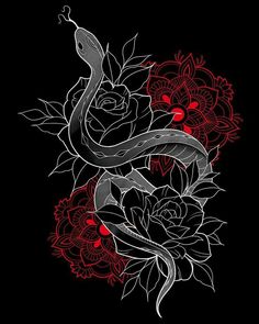 a snake and flowers on a black background