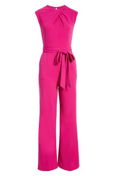 Get to the fun faster in a one-and-done jumpsuit elegantly shaped with a twist at the neckline. 60" length; 30" inseam; 24" leg opening (size 8) Hidden back-zip closure Jewel neck Sleeveless Removable sash Partially lined 96% polyester, 4% elastane Dry clean Imported Sleeveless Formal Jumpsuits And Rompers For Spring, Formal Sleeveless Jumpsuits And Rompers For Spring, Formal Sleeveless Stretch Jumpsuits And Rompers, Sleeveless Stretch Jumpsuits And Rompers For Formal Events, Sleeveless Stretch Jumpsuits And Rompers For Formal Occasions, Sleeveless Jumpsuits And Rompers For Formal Summer Events, Formal Sleeveless Jumpsuits And Rompers For Summer, Pink V-neck Jumpsuits For Work, Non-stretch Pink Jumpsuits And Rompers For Spring