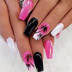 Fake Nails White, Nails Rose, Palm Tree Nails, Glitter Gradient, Nails Glossy, Fun Nail Colors, Black Acrylic Nails, Nagel Tips, Nail Art Set