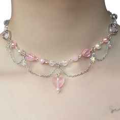 ♡ Beaded choker necklace ♡ Around 36cm with 5cm extension  ♡ Made with mostly plastic/acrylic beads and silver plated metal wire Pink Aesthetic Necklace, Metal Wire Bracelet, Cute Pink Necklace, Metal Beaded Choker, Beaded Wire Necklace, Wire Necklace Ideas, Collier Aesthetic, Collares Coquette, Beads Necklace Ideas