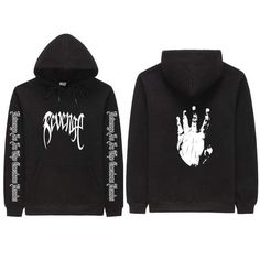 Features Material: 65% Cotton / 35% Polyester Fabric features: Lightweight, thickness, soft, comfortable and good air permeability. Style: Long sleeve hoodie Design: Revenge printed in the front and XXXTENTACION on each sleeve Care Instructions: Machine/Hand wash Occasion: Casual wear, outdoor wear, sports wear. Size Chart Size Length Bust S 26.38'' 38.58'' M 27.17'' 40.94'' L 27.95'' 43.31'' XL 28.74'' 45.67'' XXL 29.53'' 48.03'' XXXL 30.31'' 50.39'' Note: Manual Measurement, ±0.8'' error is no Stretch Graphic Print Hoodie For Streetwear, Stretch Hooded Sweatshirt With Graphic Print, Band Merch Long Sleeve Graphic Hoodie, Band Merch Long Sleeve Hoodie With Graphic Print, Band Merch Graphic Print Long Sleeve Hoodie, Alternative Style Hooded Sweatshirt With Letter Print, Stretch Long Sleeve Graphic Hoodie, Graphic Print Long Sleeve Stretch Hoodie, Stretch Long Sleeve Hoodie With Graphic Print