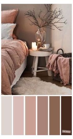 a bedroom with pink and brown tones in the color scheme, along with white fur rugs