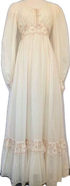 White Regency Style Formal Gown, White Regency Style Vintage Dress For Formal Occasions, White Regency Style Victorian Floor-length Dress, Elegant White Gown For Daywear, White Victorian Empire Waist Wedding Dress, Vintage White Dress For Wedding Night, White Lace Trim Gown For Daywear, Formal White Vintage Dress With Lace Trim, Regency Style White Wedding Dress