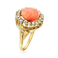 Ross-Simons - C. 1900 Vintage Coral, .60ct t. w. Diamond Ring Round Cut in 18kt Yellow Gold. Size 6. C. 1900. Hailing from the Victorian era of fine design, this Estate collection ring is a true standout. A 9.5mm round coral cabochon centers the sumptuous ring, encircled by a glamorous line of .60 ct. t. w. round rose-cut diamonds. Note the intriguing use of open space around the main gem. Finishes with a subtly tapered band. Finely crafted in 18kt yellow gold. 5/8" wide. Diamond and coral ring. Victorian Cluster Ring With Diamond Accents, Victorian Yellow Gold Diamond Ring With Gemstone, Victorian Diamond Ring With 17 Jewels, Antique Yellow Gold Cluster Ring With Gemstone, Estate Rings With Center Stone, Antique Domed Yellow Gold Ring, Yellow Gold Oval Estate Rings, Estate Style Oval Yellow Gold Rings, Estate Oval Hallmarked Diamond Ring