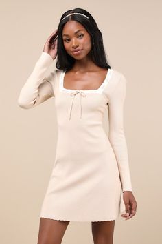 Definitely Sweet Beige Scalloped Long Sleeve Mini Sweater Dress Winter Date Dress, Trendy Winter Dresses, Long Sleeve Winter Formal Dress, Conformation Dresses, Fall Casual Dresses, Cute Winter Dress, Winter Dance Dresses, Cute Fall Clothes, Beige Long Sleeve Dress