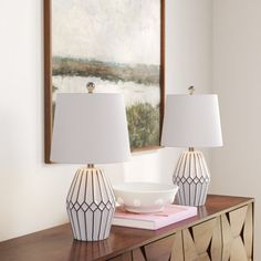 two lamps sitting on top of a wooden table next to a bowl and lamp shade