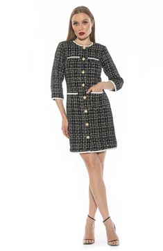 Pearly buttons enhance the perfectly polished appeal of a tweed sheath dress fashioned with handy front pockets and elegant contrast piping. 38" length (size 2) Front button closure Crewneck Three-quarter sleeves Front patch pockets Lined 100% polyester Hand wash, line dry Imported Contrast Piping, Three Quarter Sleeves, Sheath Dress, Three Quarter, Piping, Nordstrom Rack, Fashion Dresses, Size 2, Hand Wash