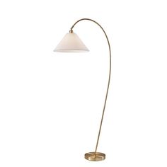 a floor lamp with a white shade on the base and a gold plated metal stand