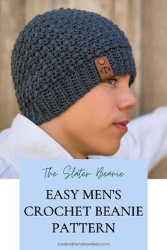 a young boy wearing a crochet beanie hat with the words easy men's crochet beanie pattern