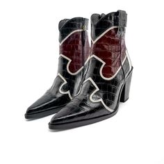 Quality: Leather In And Out, Combo Of Black, White And Wine Colored Croc Leather. Made With Perfect Artistry And Craftsmanship. Style Cowboy, Ankle, Pointy Toe, Block 3.5 Inches Heels. I Would Say Based On Myself Trying They Would Fit A 9.5 Size But Marked As 10 European Size. I Just Love Them But Not My Size Otherwise They Would Be Mine . These Boots Have A Long Life! Black Calf Leather Boots With Contrasting Heel Counter, Black Calf Leather Boots With Contrasting Heel, Black Leather Heeled Boots With Red Sole, Leather Heeled Boots With Red Sole For Winter, Black Boots With Red Sole For Fall, Winter Leather Heeled Boots With Red Sole, Fall Boots With Red Sole In Calf Leather, Western Black Calf Leather Heeled Boots, Fall Calf Leather Boots With Red Sole