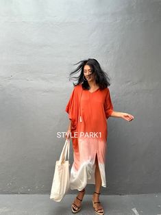 Orange V-neck Summer Beach Dress, Beachwear Maxi Dress With Side Slits For Beach Cover-up, Bohemian V-neck Maxi Dress With Side Slits, Flowy V-neck Tunic For Beach Cover-up, Orange V-neck Maxi Dress For Beach, V-neck Beachwear Kaftan For Poolside, Flowy V-neck Kaftan For Day Out, Free Size V-neck Maxi Dress For Beachwear, V-neck Kaftan For Poolside And Beach Season