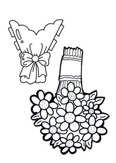 a bouquet of flowers next to a vase with a bow on it's head