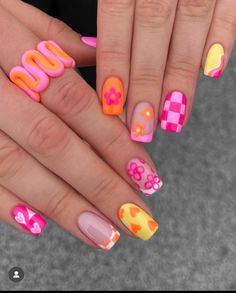 Summer Gel X Nails Almond, Summer Vibrant Nails, Crazy Almond Nails, Mismatch Nail Art, Short Gel Nails Summer Almond, The Summer I Turned Pretty Nails, Contrasting Nails, Funky Nail Designs Fun, Bold Summer Nails