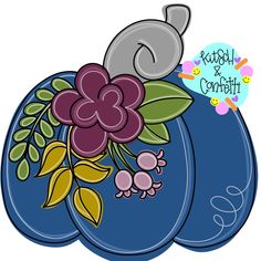 a blue pumpkin with flowers and leaves on it's side, sitting in front of a white background