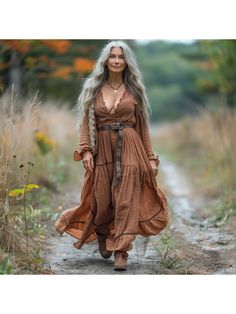 Women Elegant Dresses, Vintage V-neck Linen Long-sleeve Dress Brown V-neck Boho Dress For Fall, Bohemian V-neck Fall Dresses, Flowy V-neck Long Sleeve Dress, Brown V-neck Midi Dress, Long Sleeve Bohemian Dress For Fall, Fitted V-neck Maxi Dress For Fall, Flowy V-neck Dress For Fall, Long Sleeve Brown Bohemian Boho Dress, Bohemian Fitted V-neck Long Sleeve Dress