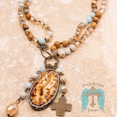 Emma Amazonite/Jasper Necklace Bohemian Brown Cross Necklace, Brown Bohemian Cross Necklace, Bohemian Beaded Cross Pendant Necklace, Jasper Necklace, Small Circle, Teardrop Beads, Adjustable Necklace, Natural Material, Color Textures