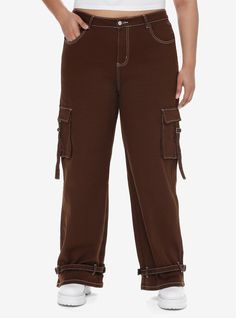 Slay in these brown carpenter pants  featuring white contrast stitching throughout and buckle strap detailing around the ankle and cargo pockets. Complete with front and back pockets.97% cotton; 3% spandexWash cold; dry flatNon-stretch materialRise: 14''Inseam: 31''ImportedModel height: 5' 10Model wears size 1 Brown Cotton Cargo Jeans With Belt Loops, Brown Cotton Cargo Jeans For Fall, Brown Utility Cargo Jeans With Belt Loops, Brown Straight Leg Cargo Jeans With Belt Loops, Brown Cotton Cargo Jeans With Multiple Pockets, Brown Utility Cargo Jeans With Straight Leg, Brown Cargo Jeans With Side Pockets For Fall, Fall Brown Cargo Jeans With Belt Loops, Brown Fall Cargo Pants With Belt Loops