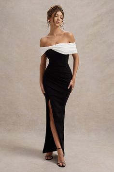 Black Tie Wedding Guest Dress, Classy Heels, 33rd Birthday, Black Tie Wedding Guests, Bardot Neckline, Black Dress Prom, Black Tie Gala, Corset Bodice, Black And White Fabric