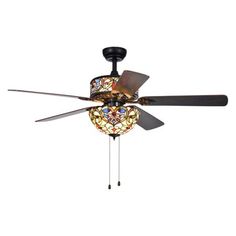 a ceiling fan with stained glass shades on it's blades and two light bulbs