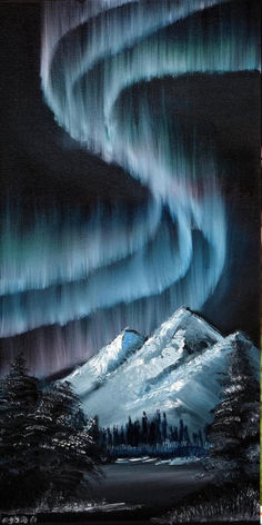 an oil painting of the northern lights over a snowy mountain