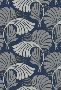 a blue and gray wallpaper with white leaves on the back ground, in an art deco style